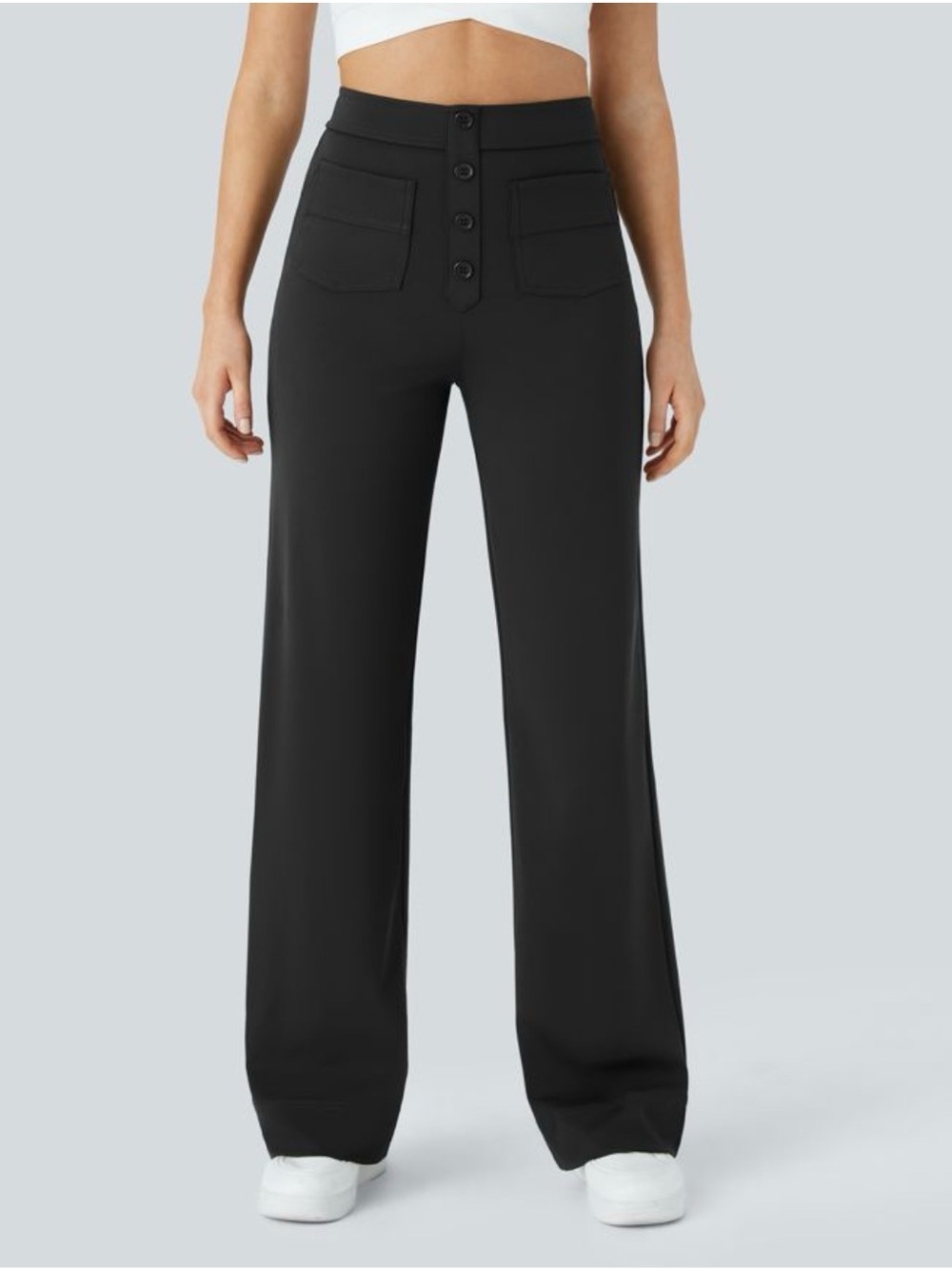 NWT Halara DayStretch High Waisted Pockets Straight Leg Pants Medium Black Chic